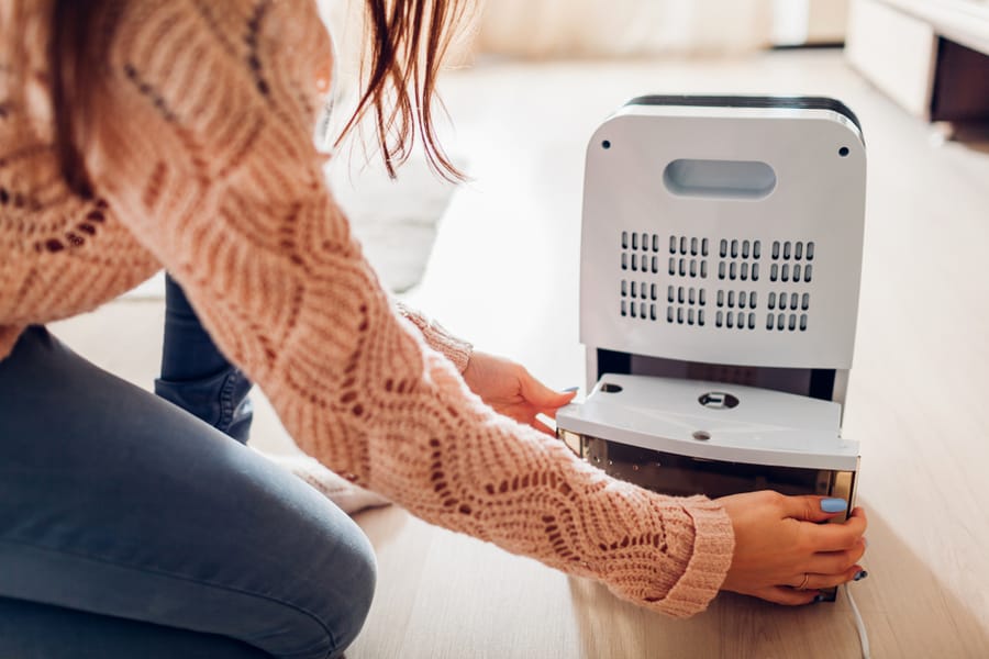 woman changing water container of a dehumidifier